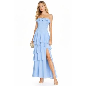 Oh Polly Blue Tiered Ruffle Strapless Maxi Bridesmaid Dress